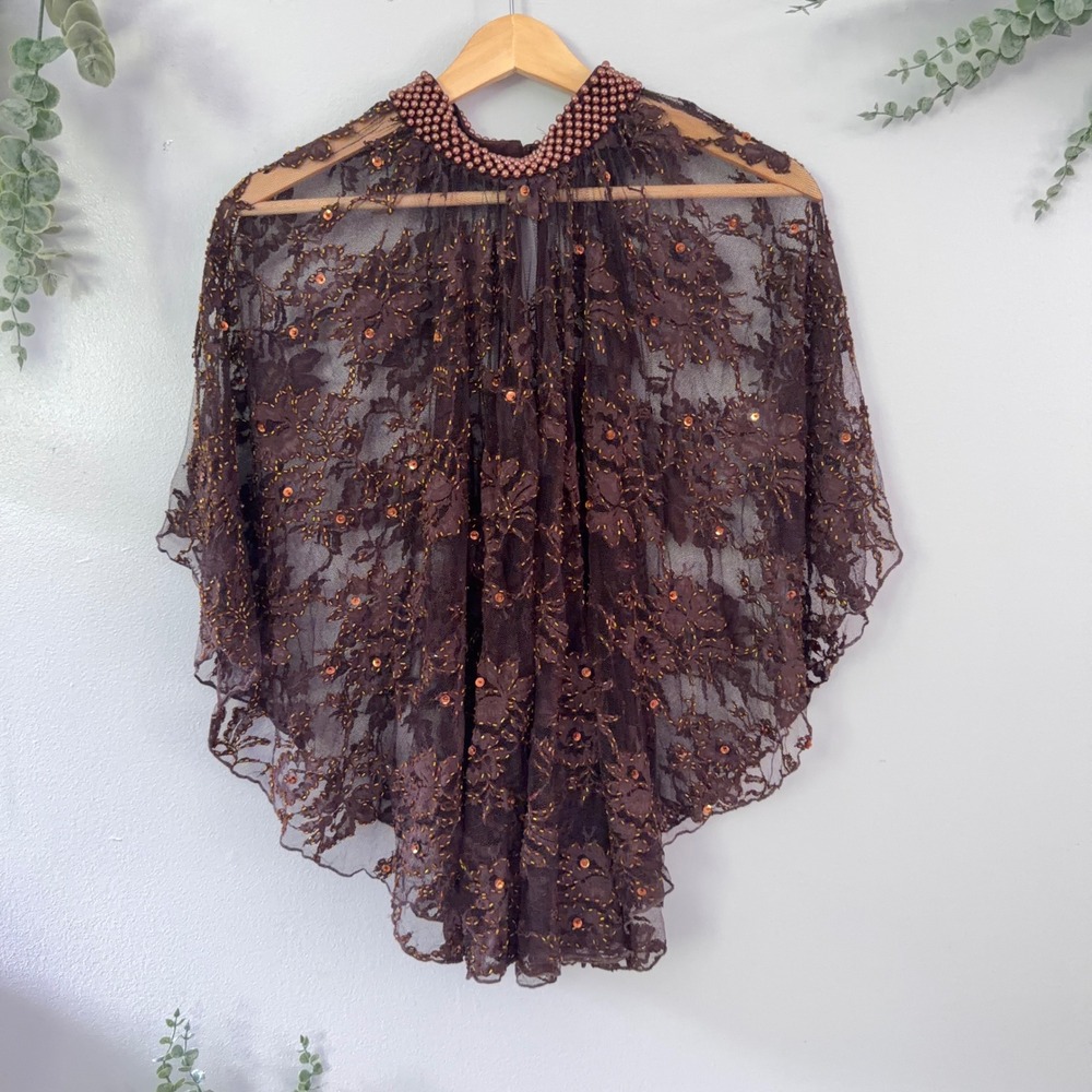 Sassy Brown Capelet Sheer Lace Y2K Beaded Pearl Collar Sequin Floral Poncho Wrap